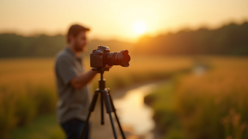 Fotografas su DSLR fotoaparatu ir neutralinio tankumo filtru, stovi prie vandens, rytas šviesa, profesionalus žygis
