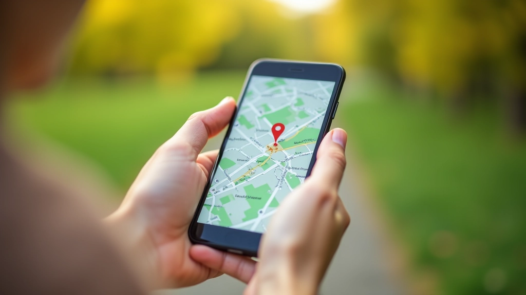 Telefonas su žemėlapiu atidarytas, rankoje, kelionės žymėjimais ir maršruto informacija, natūralus saulės šviesa iš šono, skoninis žemėlapis ant fono